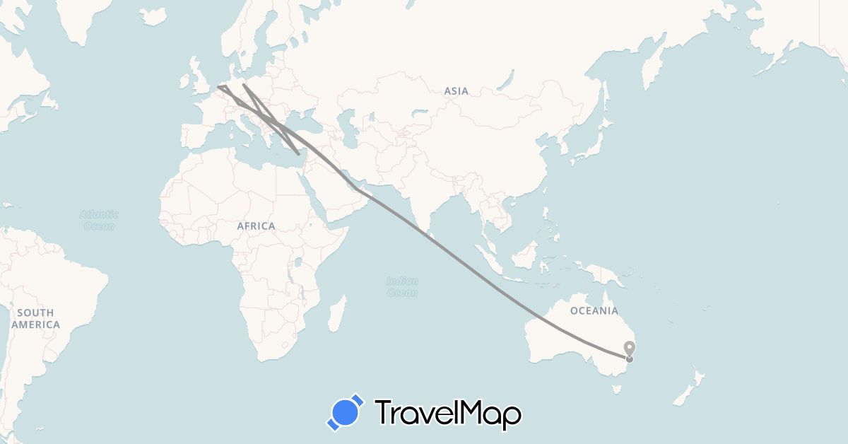 TravelMap itinerary: plane in United Arab Emirates, Australia, Cyprus, Germany, Netherlands, Serbia (Asia, Europe, Oceania)